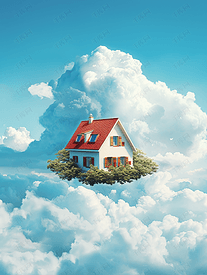 一栋美丽的房子坠落在蓝色的云朵中