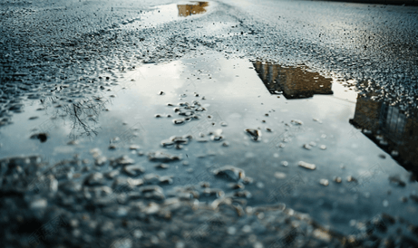 道路上的水坑湿沥青春天的天气