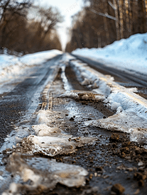 路边的脏雪沥青上的积雪融化降水后道路情况