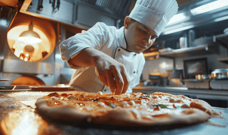 餐厅厨师从烤箱中取出新鲜出炉的披萨