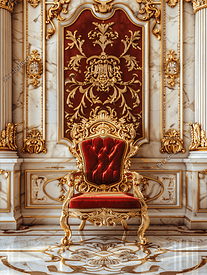 豪华宫殿中的古老王座室内部配有椅子红色和金色的古董巴洛克风格