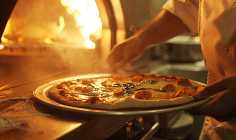 餐厅厨师从烤箱中取出新鲜出炉的披萨