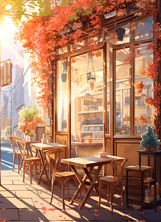 深秋咖啡店街景插画