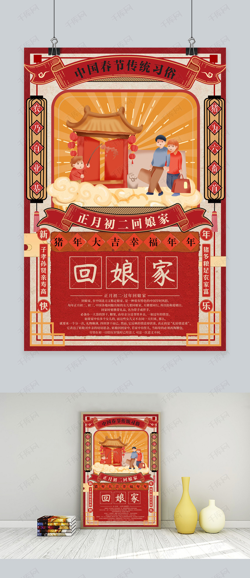 创意手绘新年习俗正月初二回娘家海报