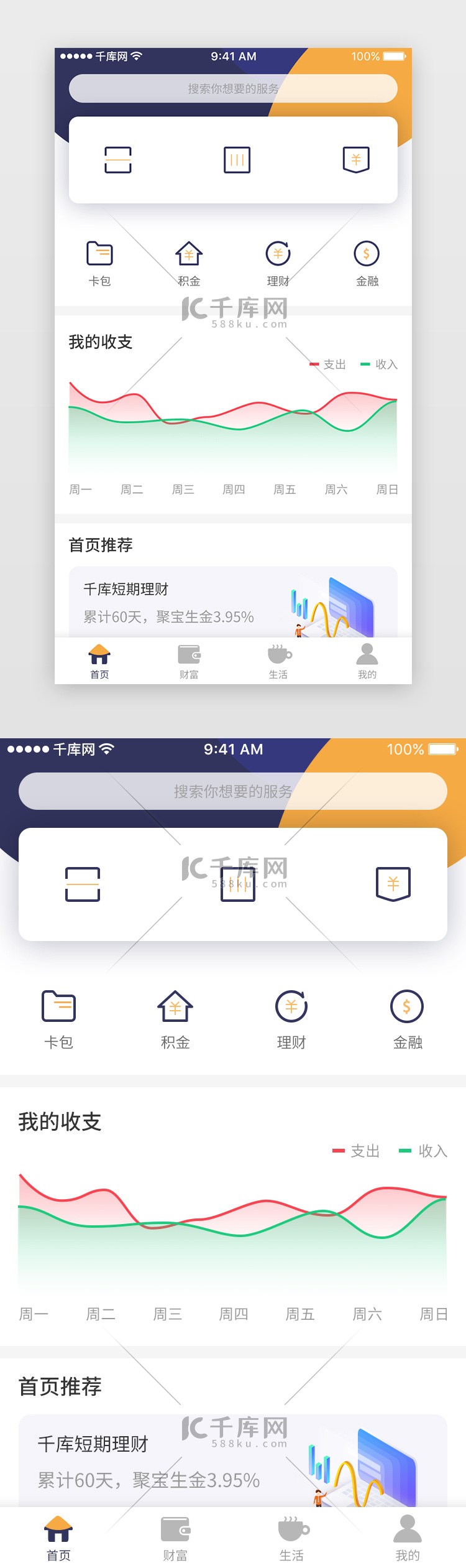 蓝黄色大气高端银行类APP 首页页面