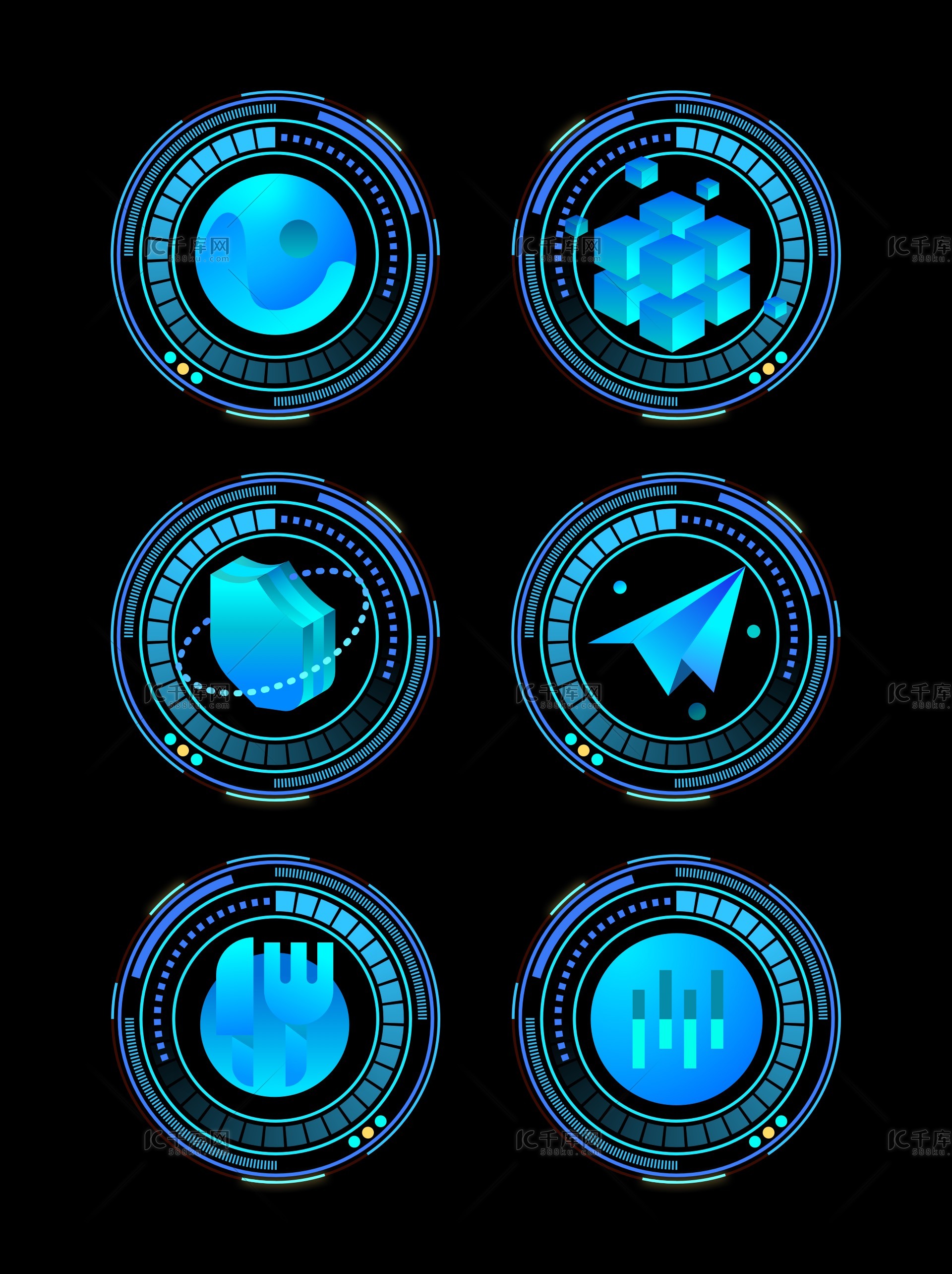 3D立体图标icon 图标2.5D 3D立体 科技感蓝色 绿色 青色 黑色旋转圆环 地区 安全 数据