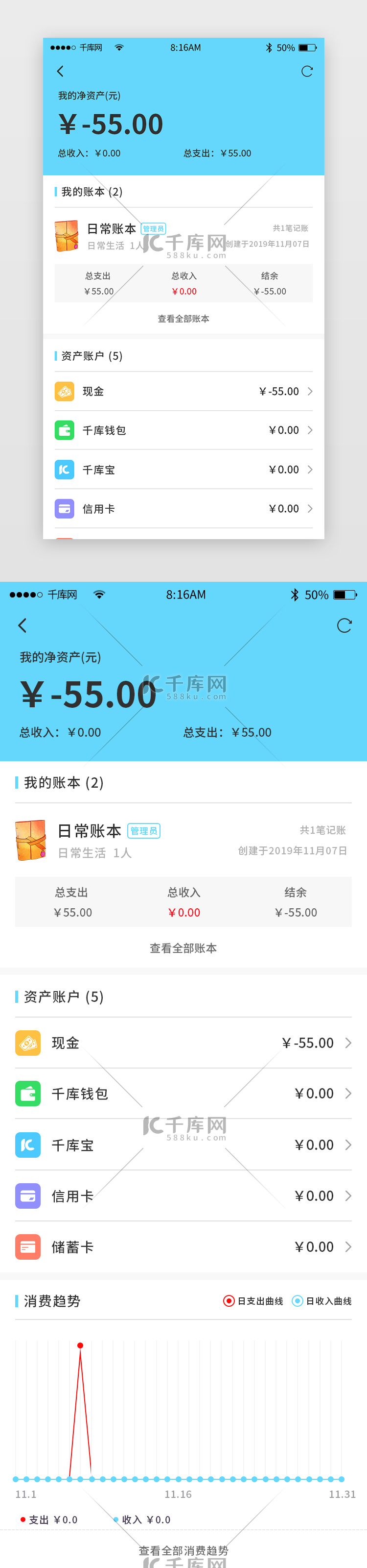 蓝色简约记账app详情页