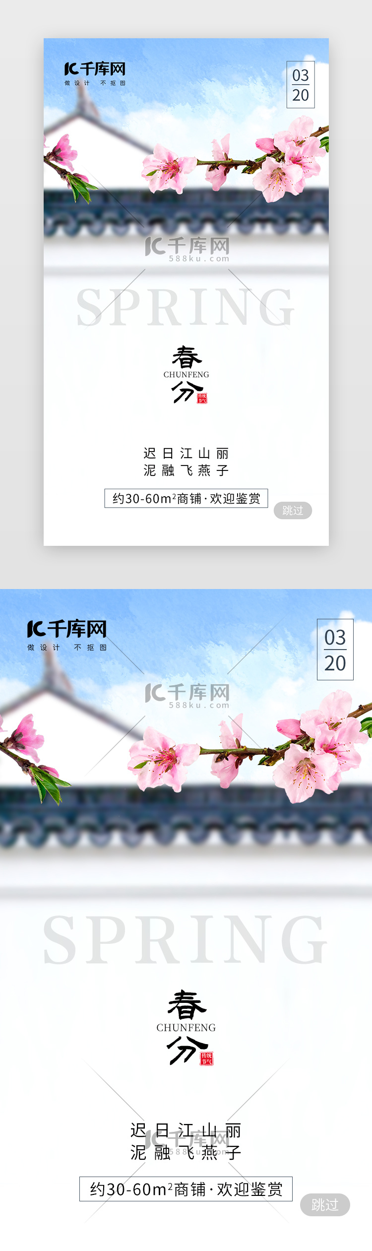 二十四节气春分app闪屏创意白色桃花