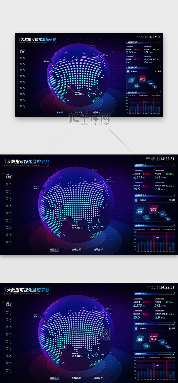 地球可视化大屏数据网页科技 渐变紫色 玫红色图表 导航 标题 地球