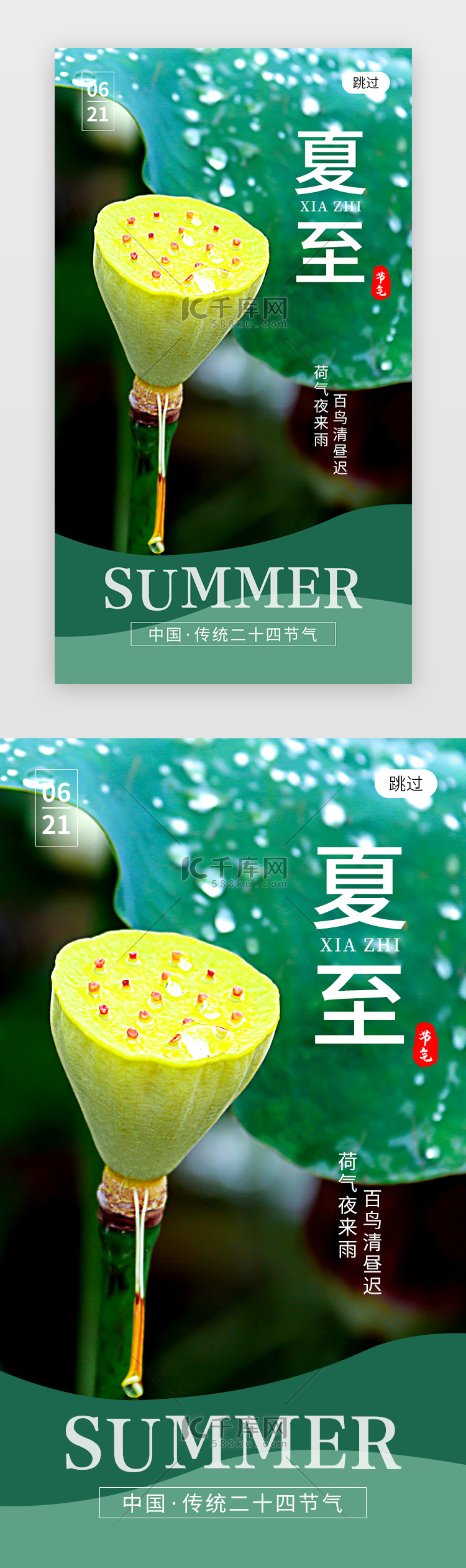 二十四节气夏至app闪屏创意绿色荷花