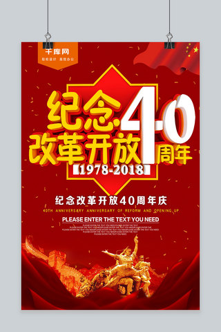 红色纪念改革开放40周年海报