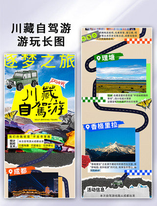 越野路线图海报模板_撕纸复古旅游旅行路线热门景点川藏线拼贴长图