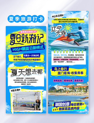 海边夏季海报模板_蓝色涂鸦风夏季游记景点推荐H5长图