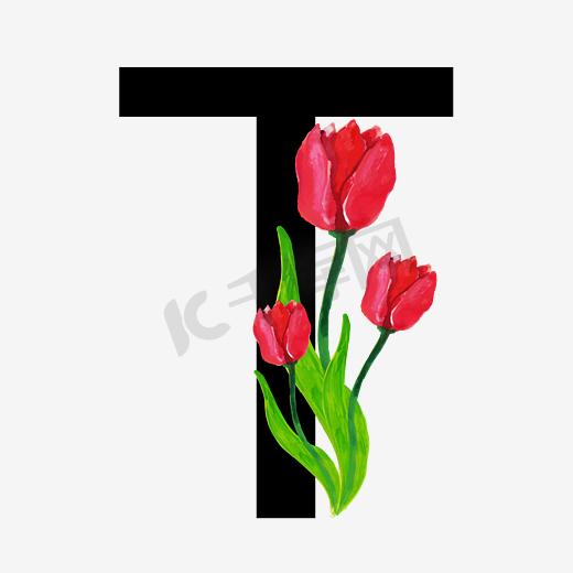无衬线体字母T中国风花朵装饰图片