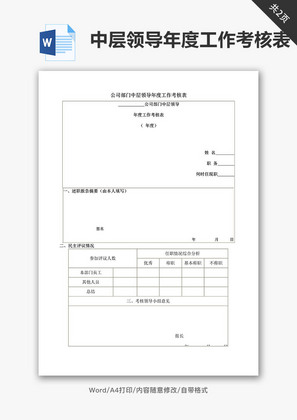 公司部门中层领导年度工作考核表