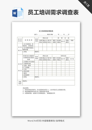 中小企业员工培训需求调查表