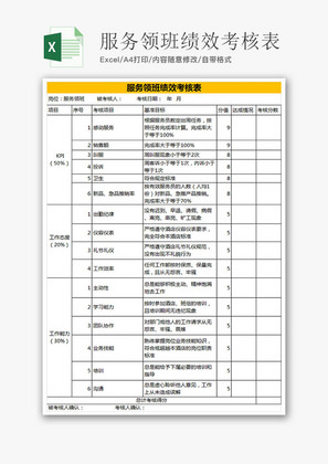 服务领班绩效考核表Excel模板