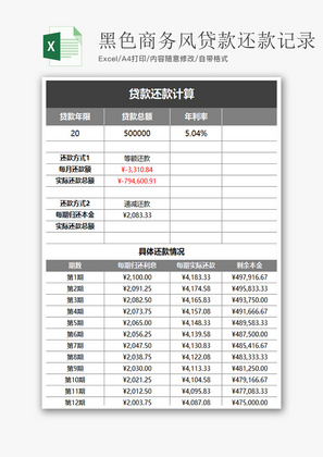 个人 黑色商务风贷款还款记录 Excel