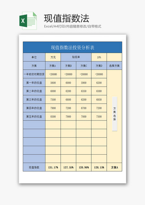 现值指数法Excel模板