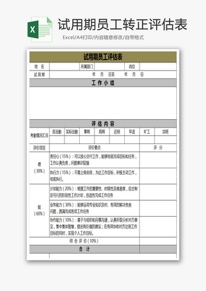 试用期员工转正评估表EXCEL表模板