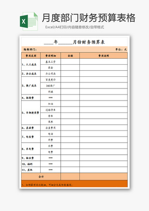 月度部门财务预算表格Excel模板