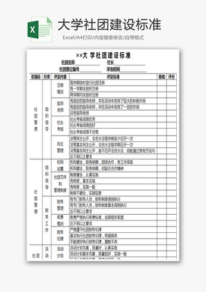 大学社团建设标准Ecxel模板