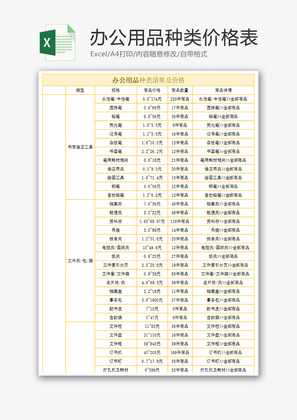 办公用品种类价格表Excel模板