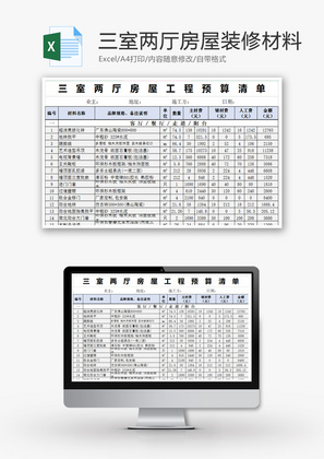 三室两厅房屋装修材料清单Excel模板