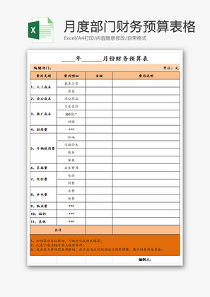 月度部门财务预算表格Excel模板