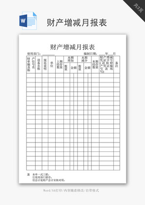 企业财产增减月报表word文档