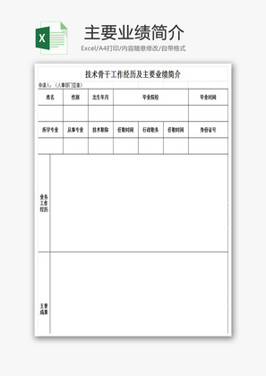 骨干工作经历及主要业绩简介EXCEL模板