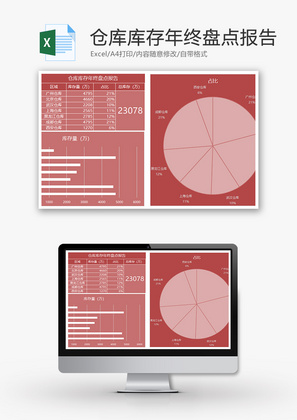 库存年终盘点报告条形图饼图Excel模板