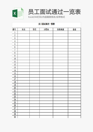 员工面试通过一览表EXCEL模板
