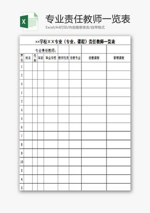 专业责任教师一览表EXCEL模板