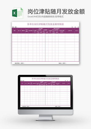 日常办公津贴随月发放金额Excel模板