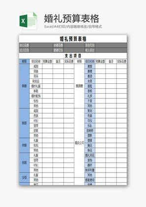 婚礼预算表格EXCEL模板