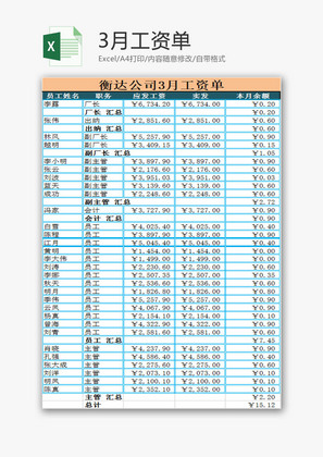 行政管理月工资单Excel模板