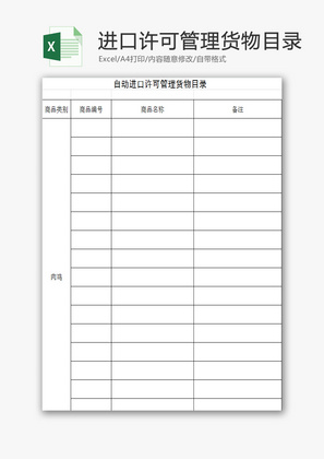 自动进口许可管理货物目录EXCEL模板