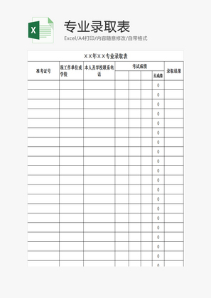 专业录取表EXCEL模板