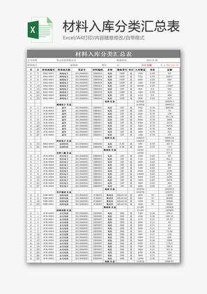 材料入库分类汇总表EXCEL模板