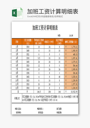 加班工资计算明细表EXCEL模板