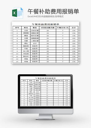 午餐补助费用报销单EXCEL模板