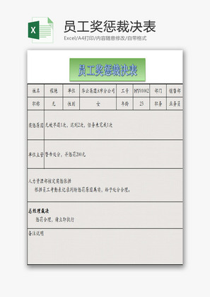 员工奖惩裁决表EXCEL模板