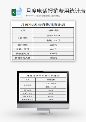 月度电话报销费用统计表EXCEL模板