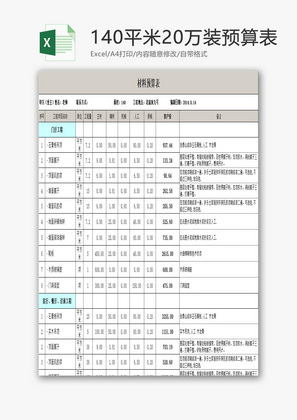 140平米20万装预算表EXCEL模板