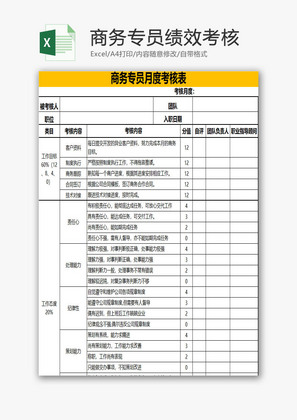 商务专员绩效考核EXCEL模板