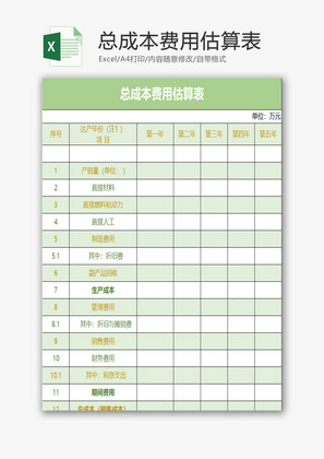 总成本费用估算表EXCEL模板