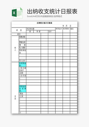 出纳收支统计日报表EXCEL模板