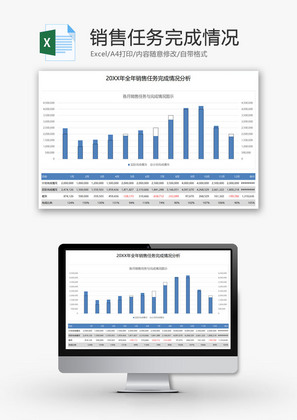 销售任务完成情况条形柱状图EXCEL模板