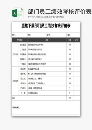 部门员工绩效考核评价表EXCEL模板